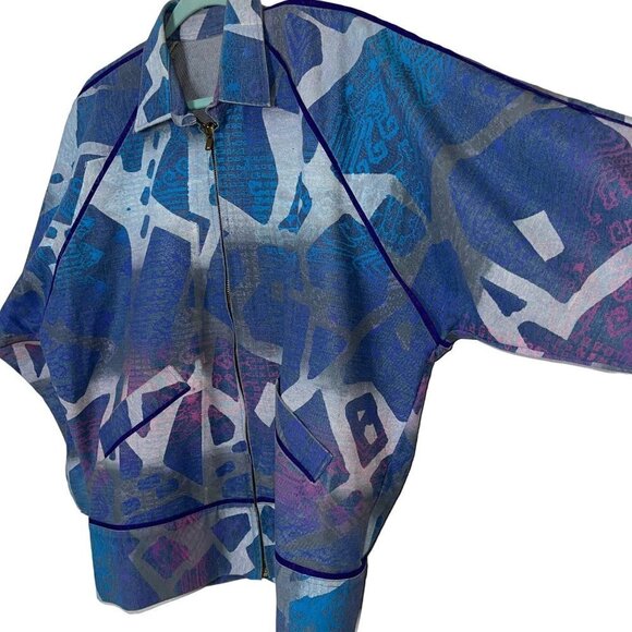 Vintage Womens Denim Bomber Jacket Size Medium Blue Purple Pink Abstract Print - Picture 7 of 14